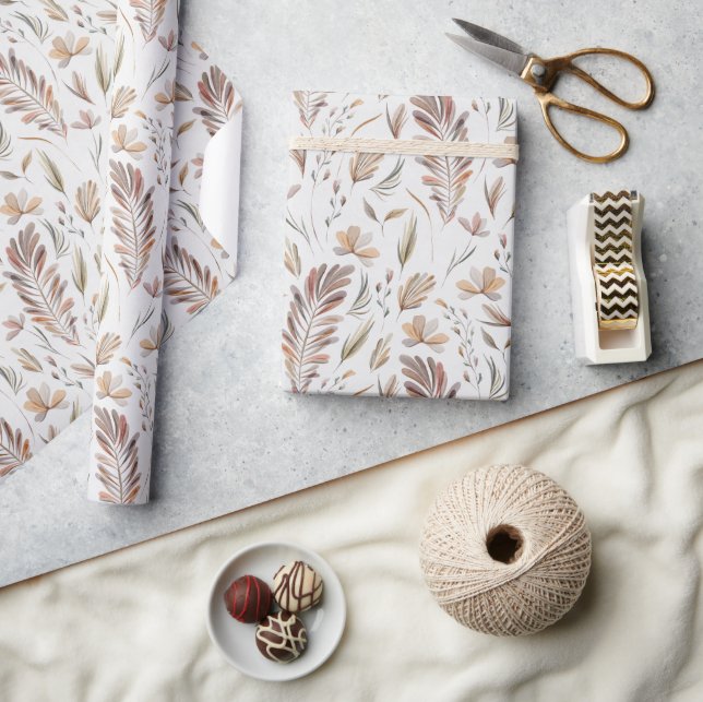 Papier Cadeau Boho automne feuillage rouille verte (Artisanat)