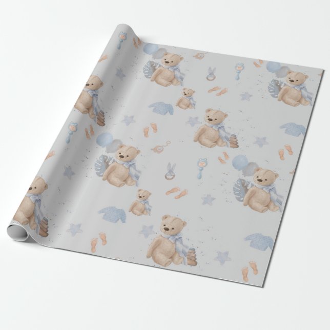Papier Cadeau Boho bébé ours en peluche Papier d'enveloppement (Déroulé)