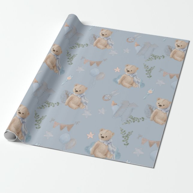 Papier Cadeau Boho bébé ours en peluche Papier d'enveloppement (Déroulé)
