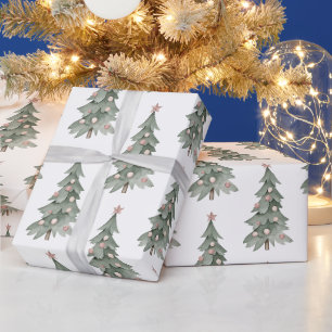 Papier Cadeau Boho Blanc rose vert Arbre de Noël