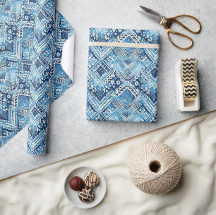 Papier Cadeau Boho Bleu Blanc Coeurs Floraux Anniversaire