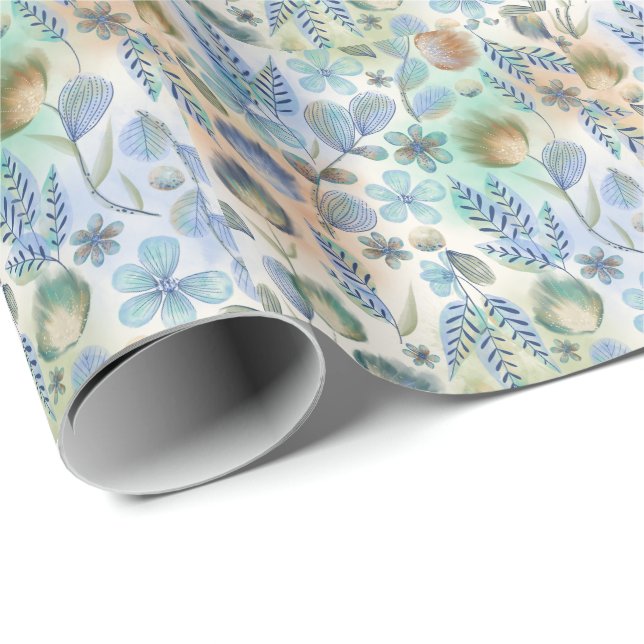 Papier Cadeau Boho Bleu Vert Whimsical Floral Botanique (Coin rond)