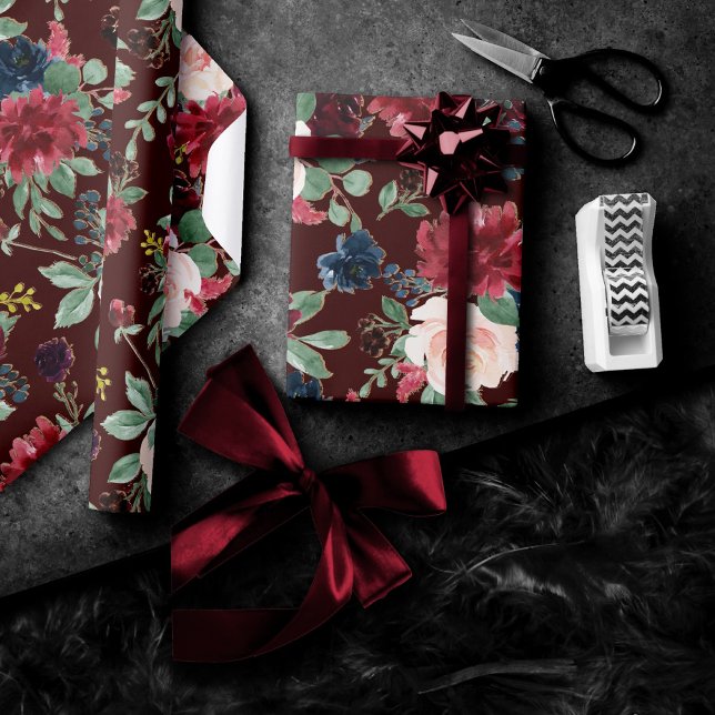 Papier Cadeau Boho Bloom | Dark Elegant Red Blush et Navy Blue (Créateur téléchargé)