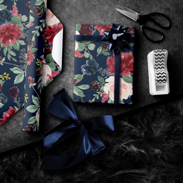 Papier Cadeau Boho Blooms | Dark Navy Bleu et Motif Bourgogne (Créateur téléchargé)