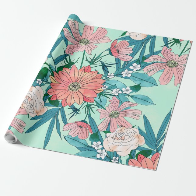 Papier Cadeau Boho chic fleurs de jardin de printemps illustrati (Déroulé)