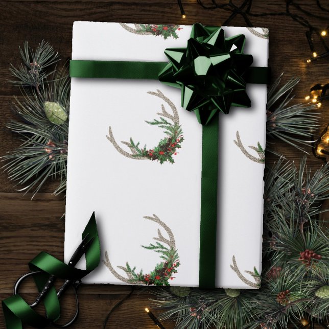 Papier Cadeau Boho Deer Antlers | Floral de Noël rouge rustique (Créateur téléchargé)