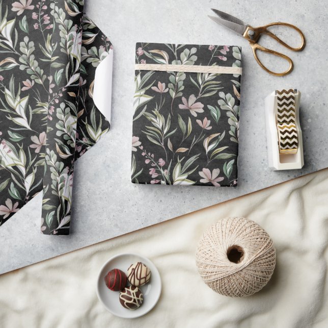 Papier Cadeau Boho Fleurs sauvages Dusty Rose Sage Vert Noir (Artisanat)