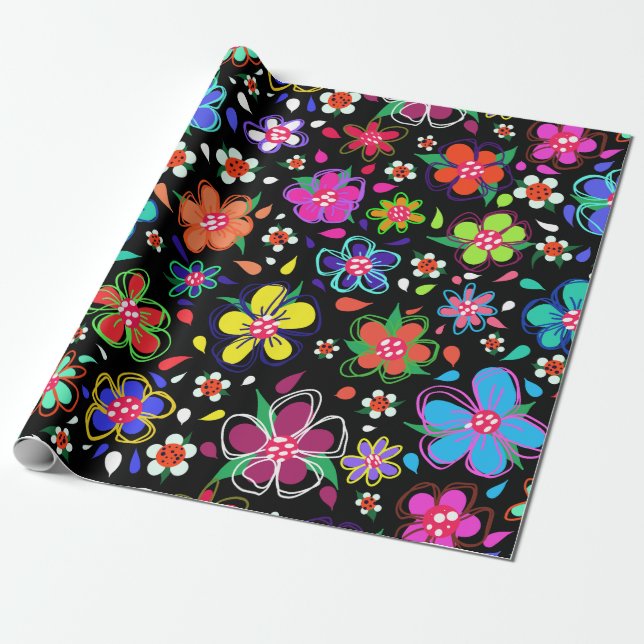 Papier Cadeau Boho Fleurs vives sur le noir N'importe quelle occ (Déroulé)