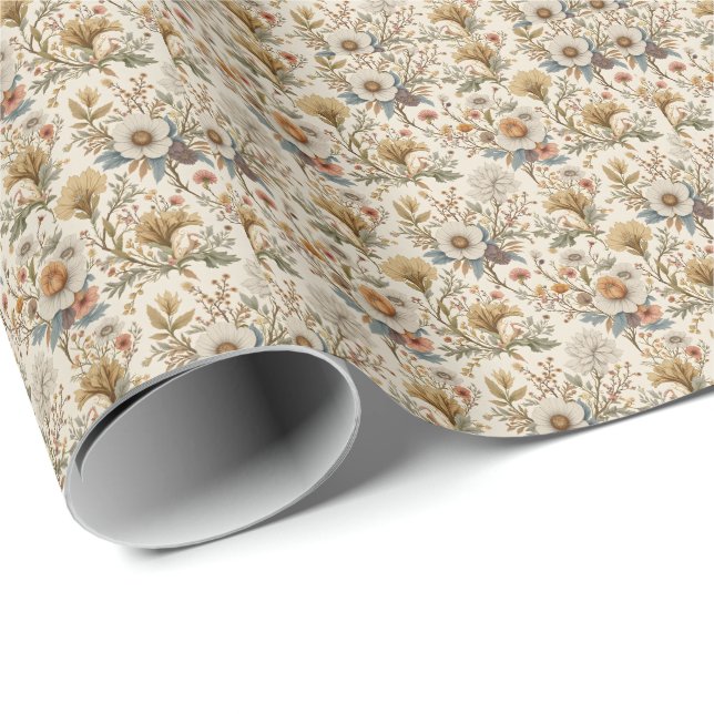 Papier Cadeau Boho Floral in Beige (Coin rond)