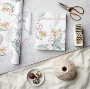 Papier Cadeau Boho Gris Monnaie Aquarelle Eucalyptus Floral