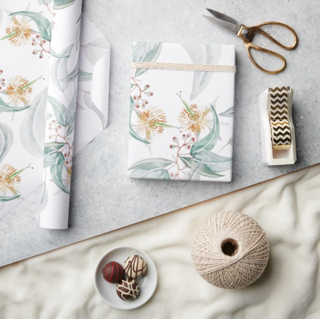 Papier Cadeau Boho Gris Monnaie Aquarelle Eucalyptus Floral (Artisanat)