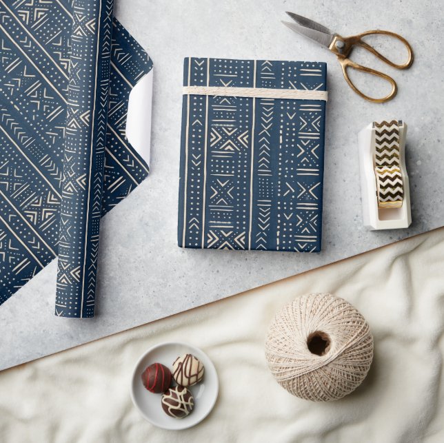 Papier Cadeau Boho Linear Mudcloth | Indigo Classique (Artisanat)