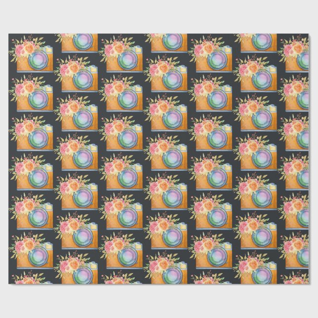 Papier Cadeau Boho Orange Caméra & Bouquet Floral Aquarelle (Plat)