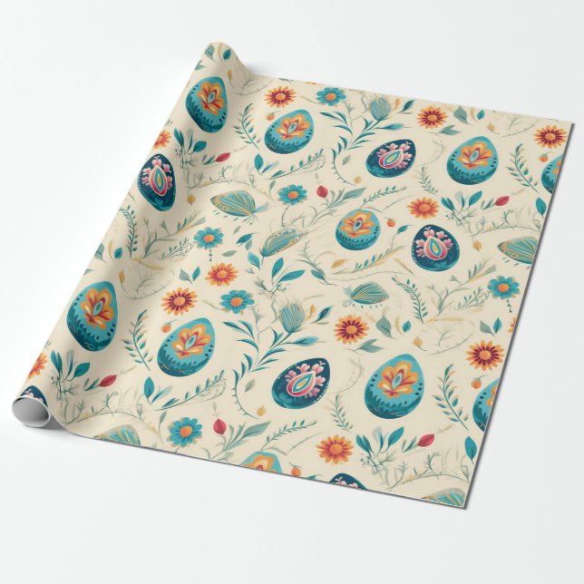 Papier Cadeau Boho Pastel Oeufs de Pâques et Fleurs sauvages (Déroulé)