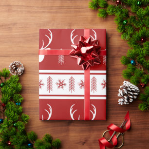 Papier Cadeau Boho Red White Reindeen Snowflake Noël