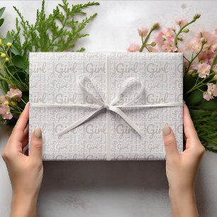 Papier Cadeau Boho Taupe Script Typographie Baby shower fille