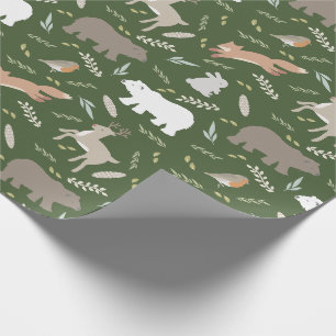 Papier Cadeau Bois Animaux et feuilles Motif Forêt verte