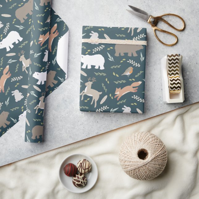 Papier Cadeau Bois Animaux et feuilles Motif Marine Bleu (Artisanat)