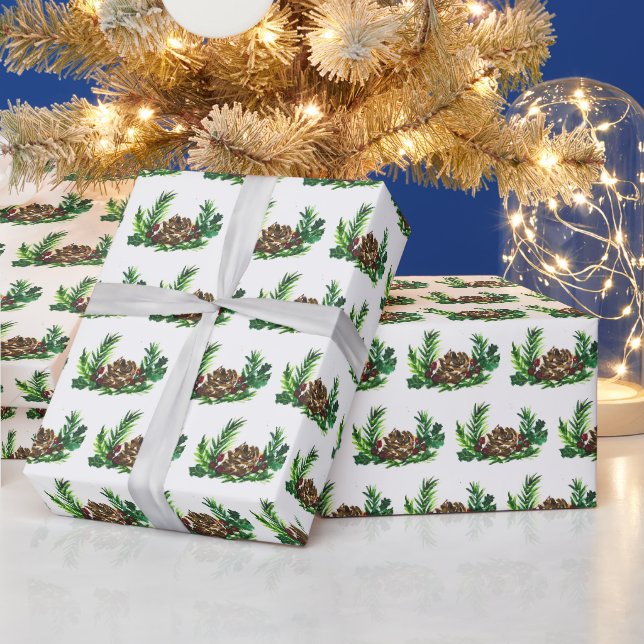 Papier Cadeau Bois de pin blanc Xmas Aquarelle fine (Vacances)