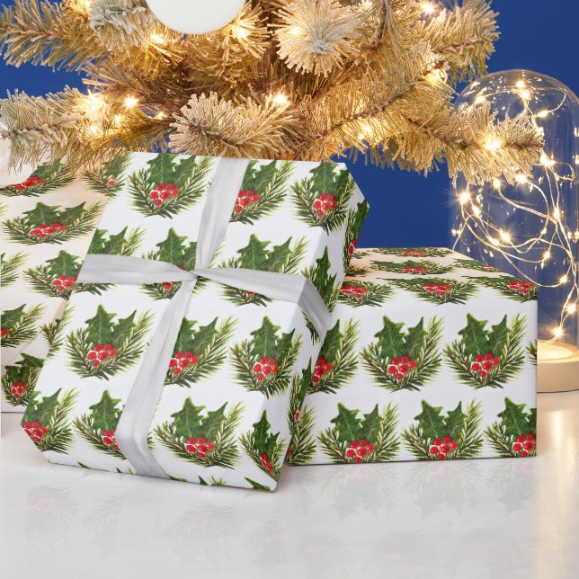 Papier Cadeau Bois de pin blanc Xmas Aquarelle fine (Vacances)