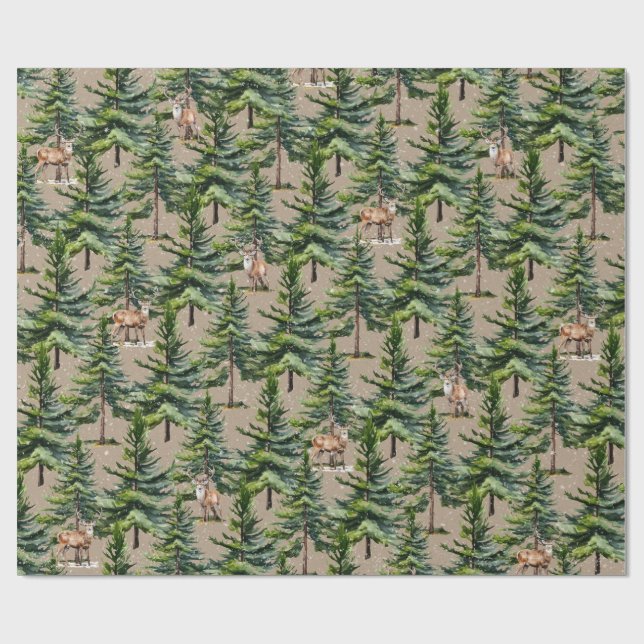 Papier Cadeau Bois d'hiver Fir Tree Forest Stade Deer Kraft (Plat)