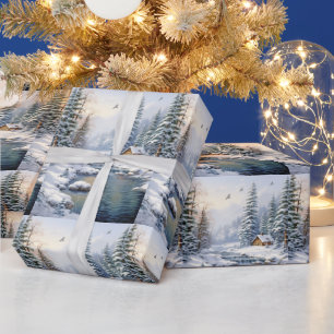 Papier Cadeau Bois d'hiver Oiseaux Cabines Pine Trees River