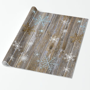 Papier Cadeau Bois rustique avec des flocons de neige bleu et or
