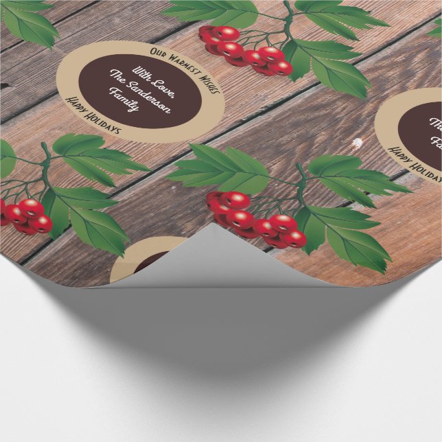 Papier Cadeau Bois rustique, baies et personnalisation Noël (Coin)