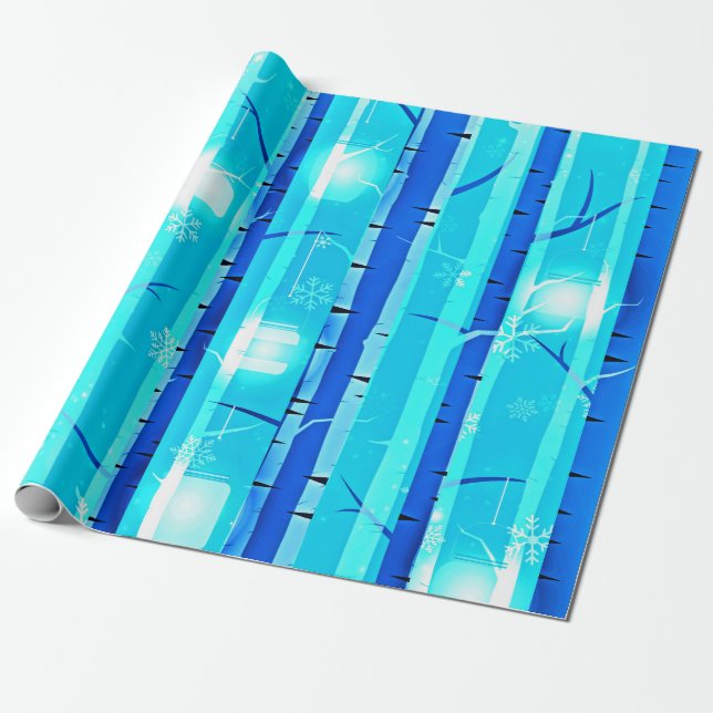 Papier Cadeau Boisier bleu d'hiver avec flocons de neige (Déroulé)