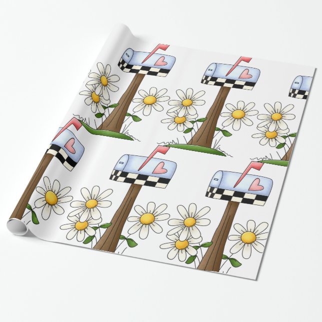 Papier Cadeau Boîte aux lettres avec marguerites et drapeau du c (Déroulé)