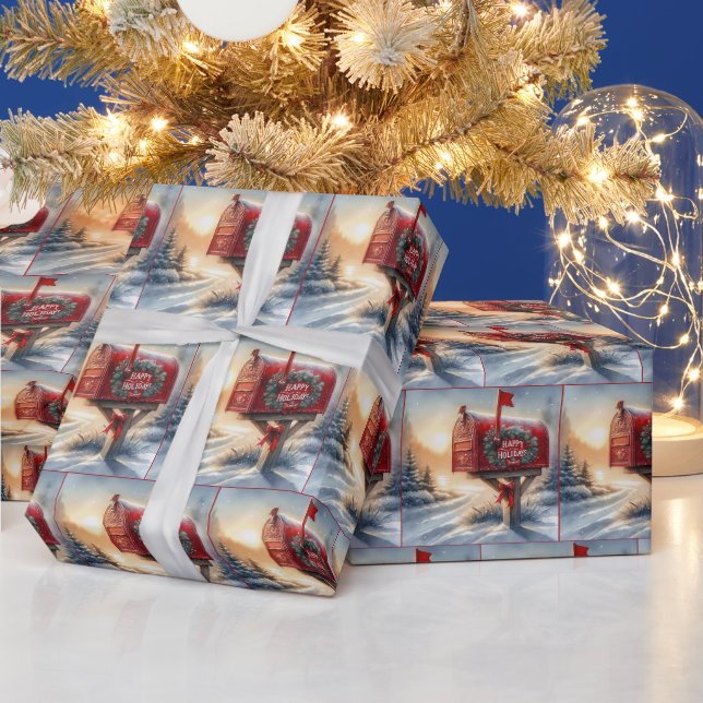 Papier Cadeau Boîte aux lettres de Noël rouge en neige (Vacances)