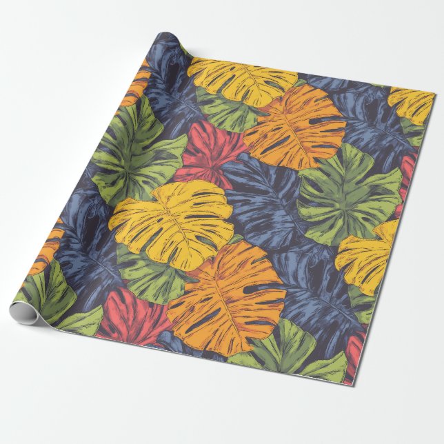 Papier Cadeau Bold Monstera Leaves Tropical Wrapping Paper (Déroulé)