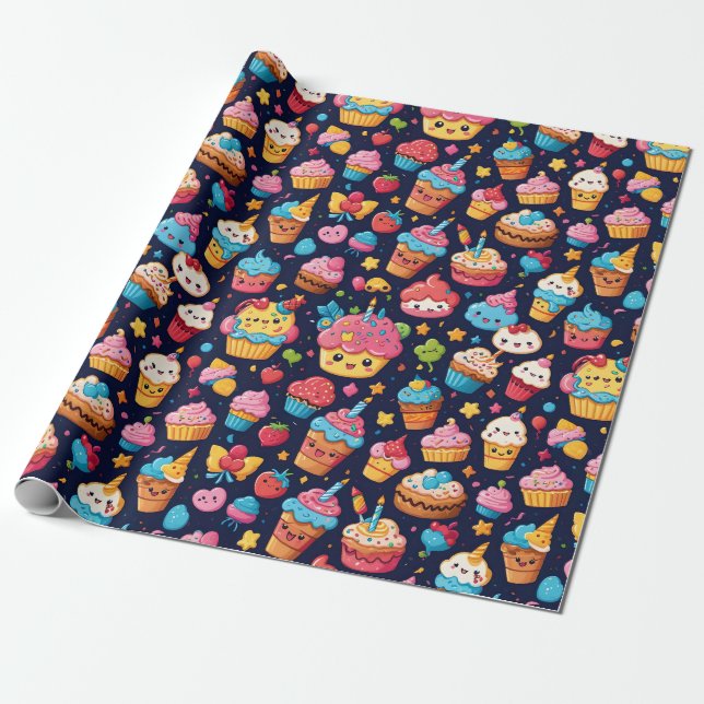 Papier Cadeau Bold Motif d'anniversaire Kawaii (Déroulé)