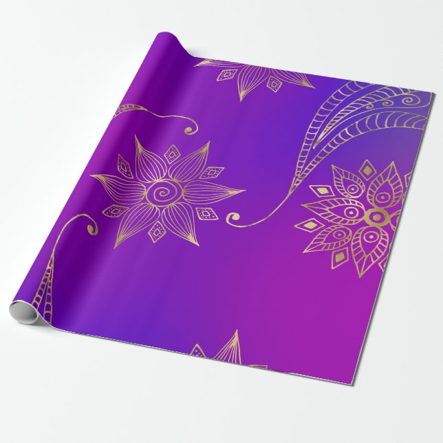 Papier Cadeau Bollywood arabe violet et or (Déroulé)