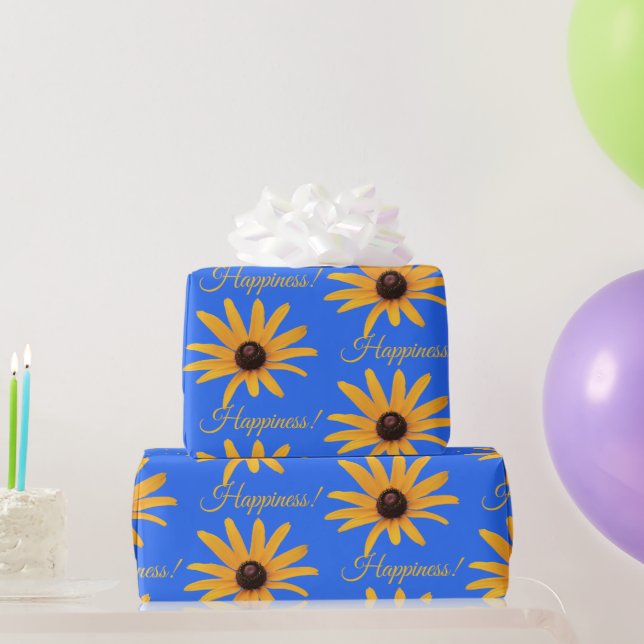 Papier Cadeau "Bonheur" Fleurs Jaunes Solaires Lumineuses, Bleu  (Cadeaux de fête)