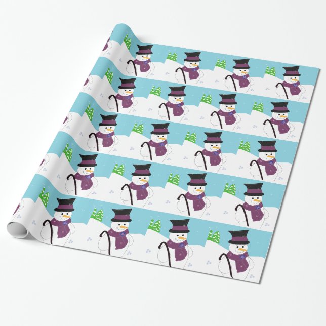 Papier Cadeau Bonhomme de neige avec chapeau haut-de-forme et ca (Déroulé)