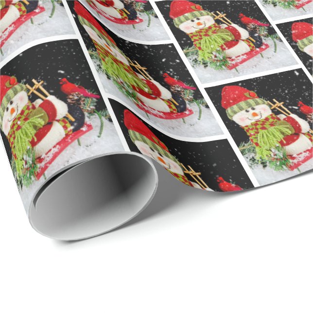 Papier Cadeau bonhomme de neige de Noël en traîneau (Coin rond)