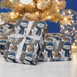 Papier Cadeau Bonhomme de neige renfrogné de Noël avec un lapin