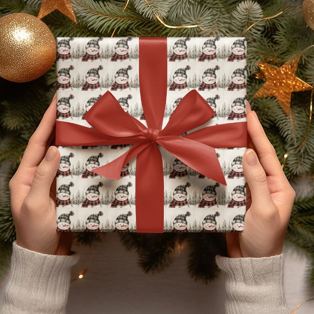 Papier Cadeau Bonhomme de neige rustique à carreaux Noël Personn (Créateur téléchargé)