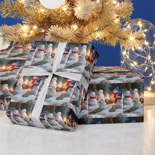 Papier Cadeau Bonhommes de neige en train de fondre assis autour (Vacances)