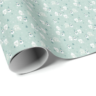Papier Cadeau Bonhommes de neige et maisons vert pastel