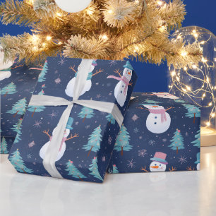 Papier Cadeau Bonhommes de neige Flocons Arbres Noël Moderne