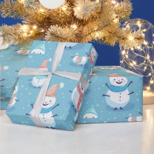 Papier Cadeau Bonhommes de neige Flocons de neige Bleu Noël mode