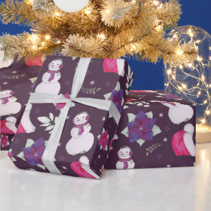 Papier Cadeau Bonhommes de neige Vert feuillage Noël moderne vio