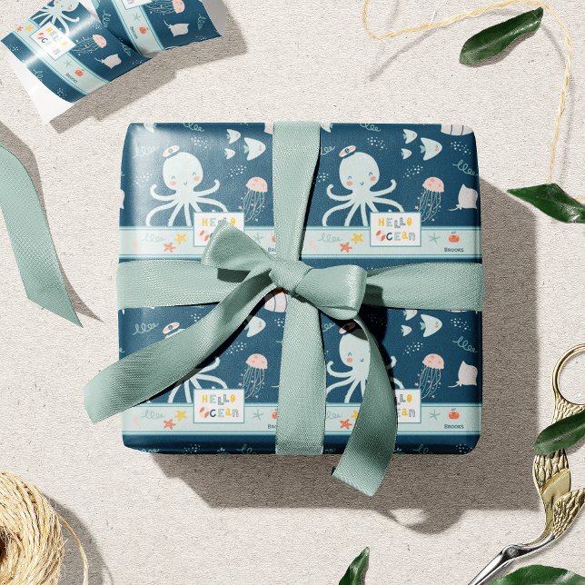 Papier Cadeau Bonjour Ocean Octopus et Poisson Nautique Blue Kid (Créateur téléchargé)