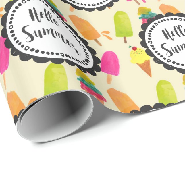 Papier Cadeau Bonjour Popsicles d'été et crème glacée (Coin rond)
