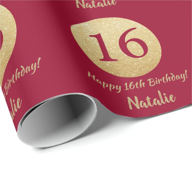 Papier Cadeau Bonne 16e anniversaire Bourgogne Parties scintilla (Coin rond)