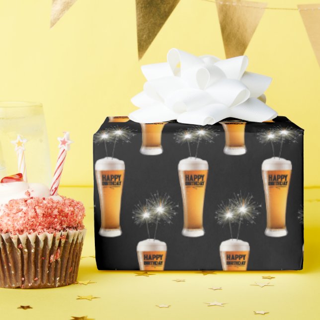 Papier Cadeau Bonne bière d'anniversaire avec des parklers (Fête d'anniversaire)