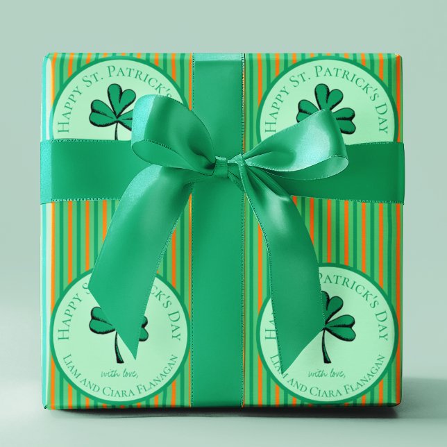 Papier Cadeau Bonne St Patrick's Day Green and Orange Kids (St. Patrick's Day Irish Design. Green and Orange Stripes with Good Luck Green Clover for Kids.)