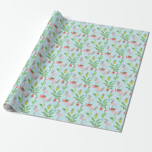 Papier Cadeau Bonnes fêtes motif de Flamant rose et d'ananas de